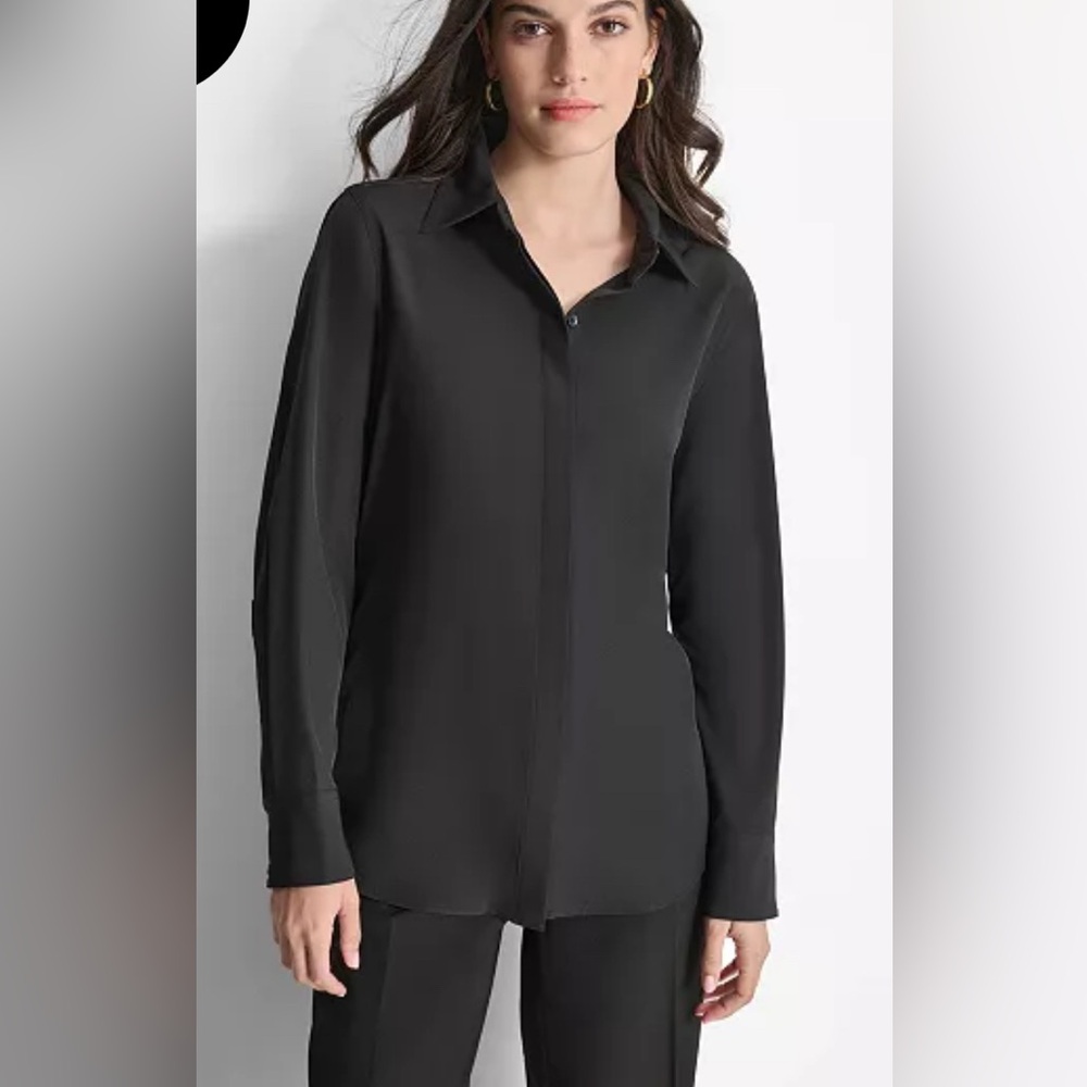 DKNY Black Hidden Button Up Blouse Top Long Sleeve XS Business Casual Basic